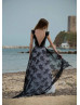 Cap Sleeves Black Lace White Chiffon V Back Wedding Dress